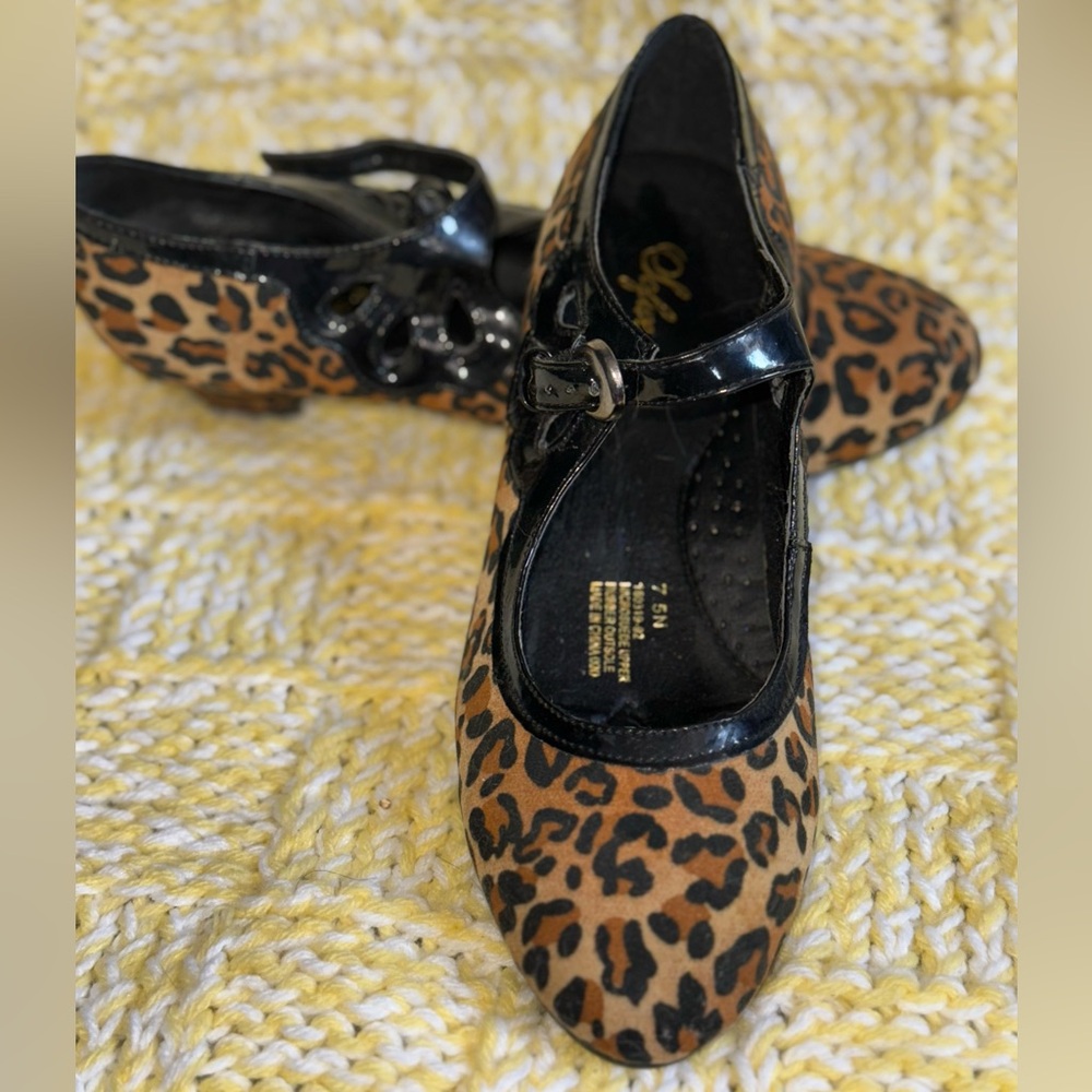 Brown and Black Leopard Print Flats with Patent Strap